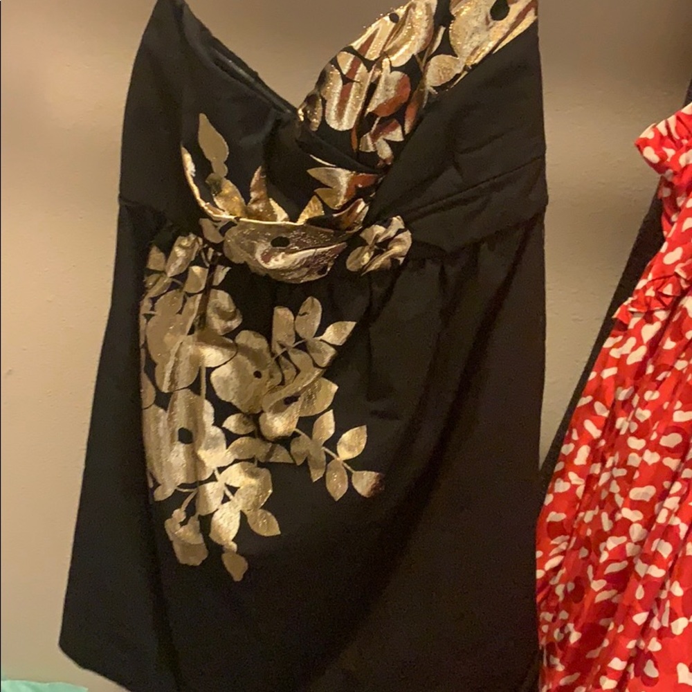 Black strapless party dress with gold flowers